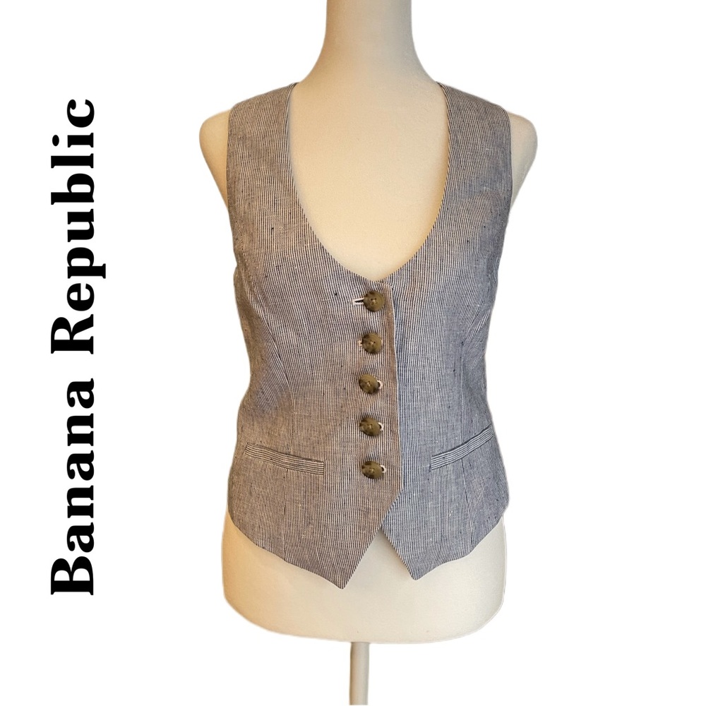 ✅sold✅ Banana Republic Blue Ivory Stripe Button Front Vest Linen Size: 0